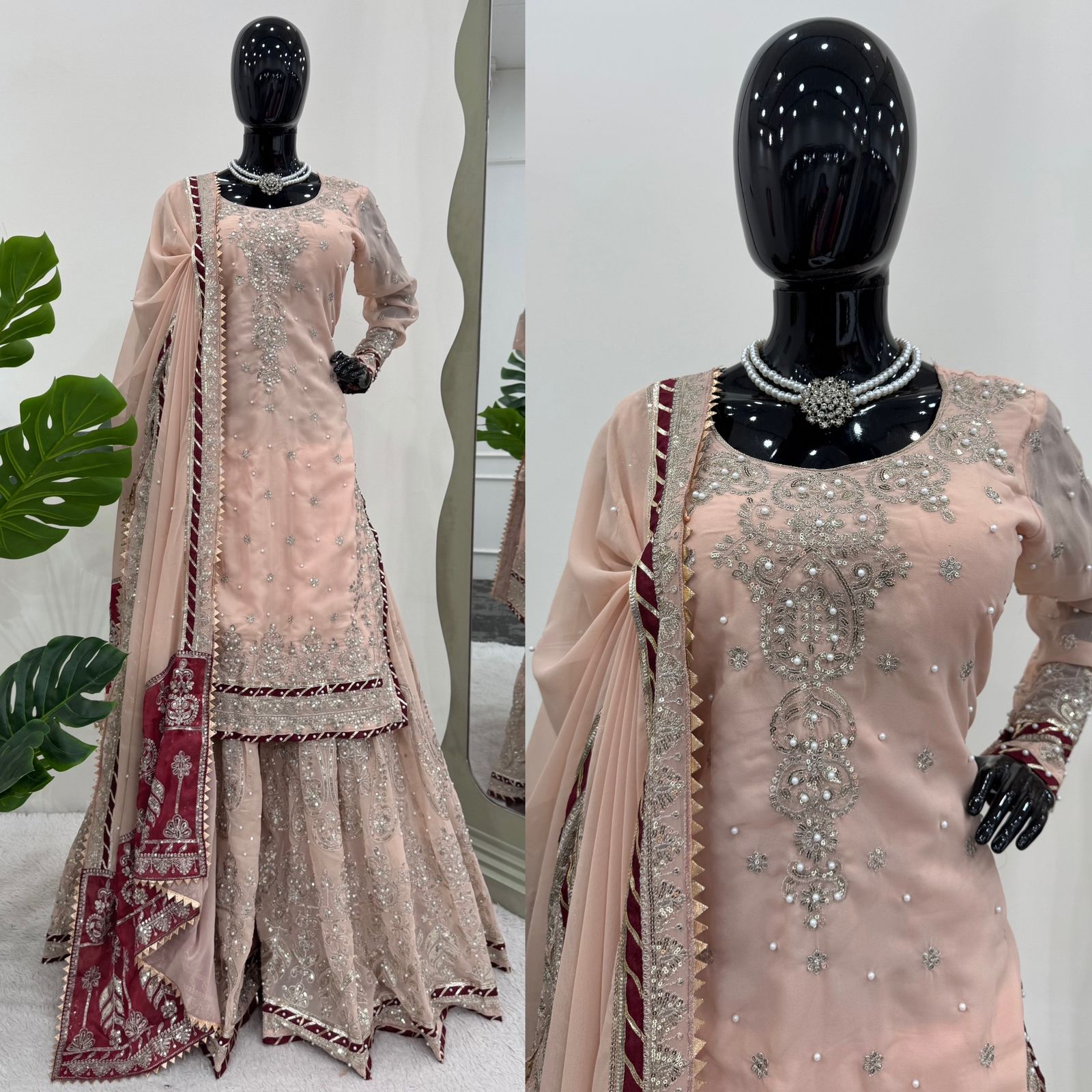 Wedding Wear Beige Color Faux Georgette Thread With Sequence And Rivet Moti Work Designer Sharara Suit