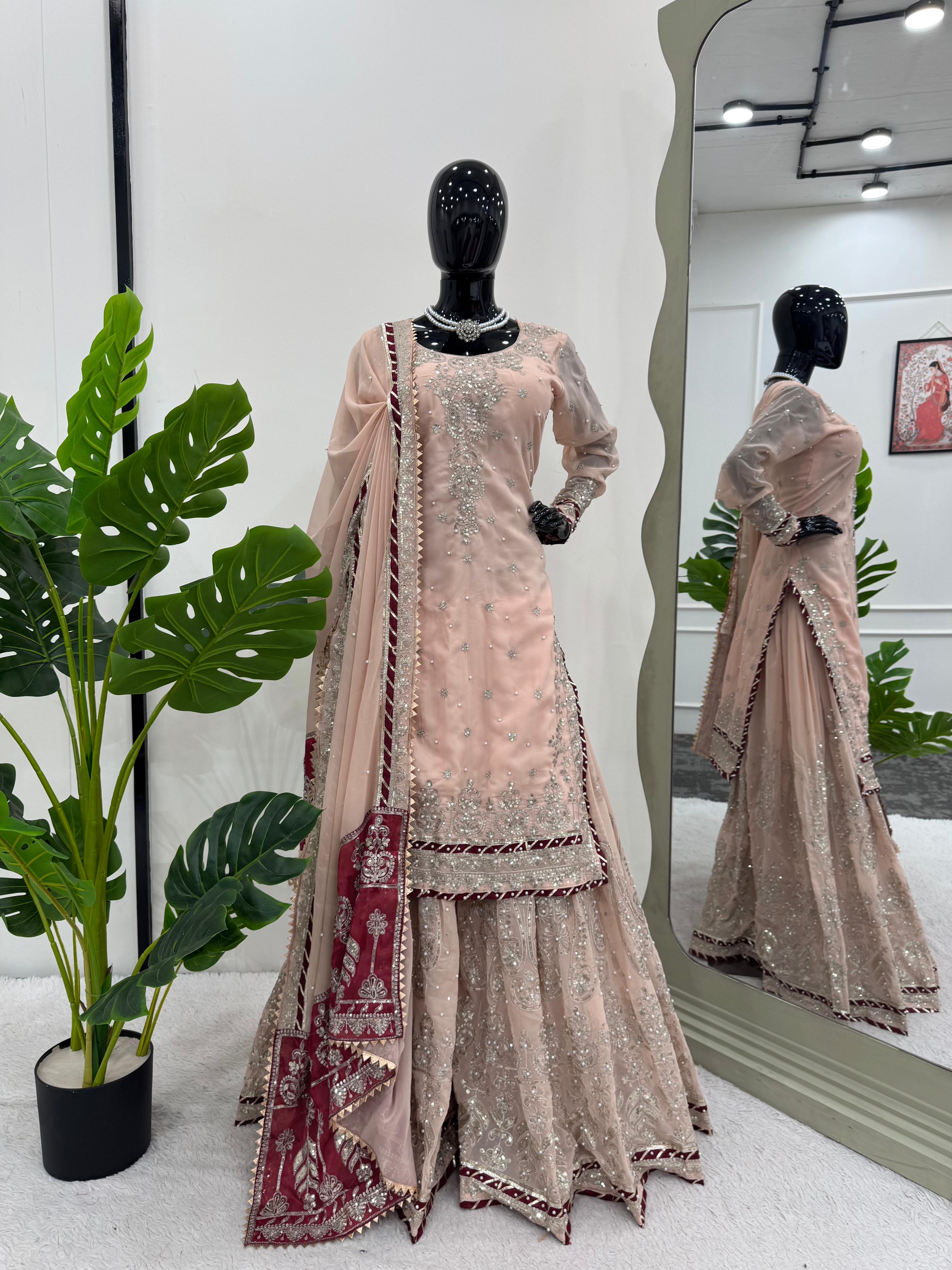 Wedding Wear Beige Color Faux Georgette Thread With Sequence And Rivet Moti Work Designer Sharara Suit