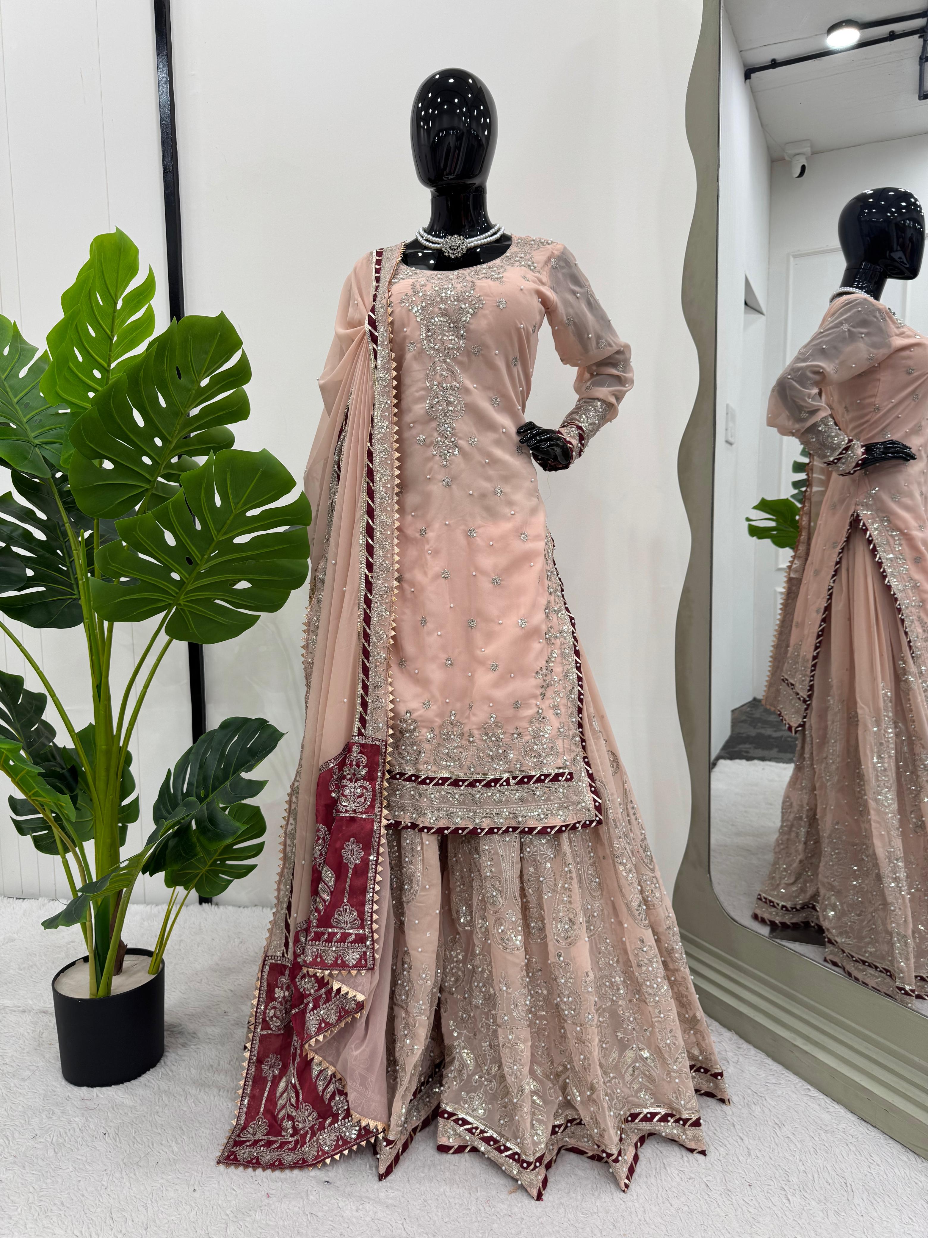 Wedding Wear Beige Color Faux Georgette Thread With Sequence And Rivet Moti Work Designer Sharara Suit
