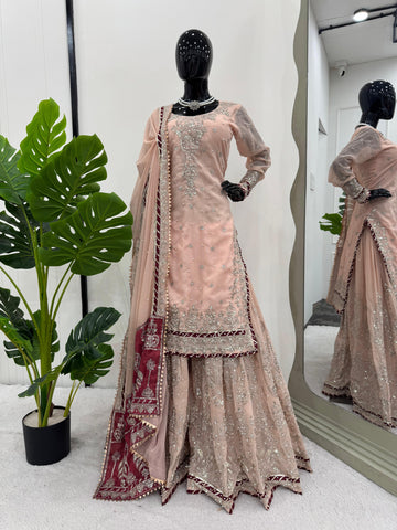 Wedding Wear Beige Color Faux Georgette Thread With Sequence And Rivet Moti Work Designer Sharara Suit