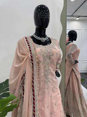 Wedding Wear Beige Color Faux Georgette Thread With Sequence And Rivet Moti Work Designer Sharara Suit