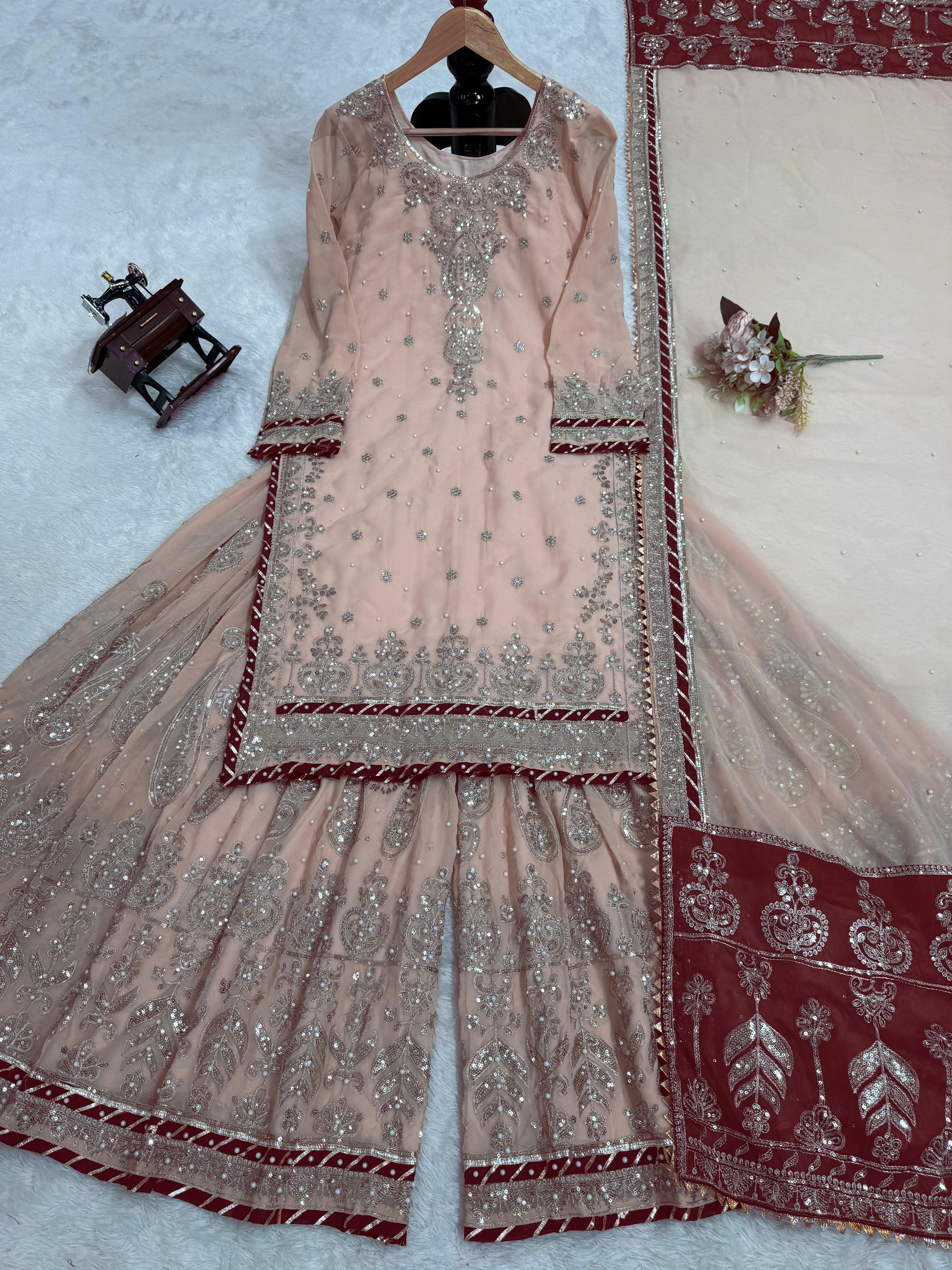 Wedding Wear Beige Color Faux Georgette Thread With Sequence And Rivet Moti Work Designer Sharara Suit