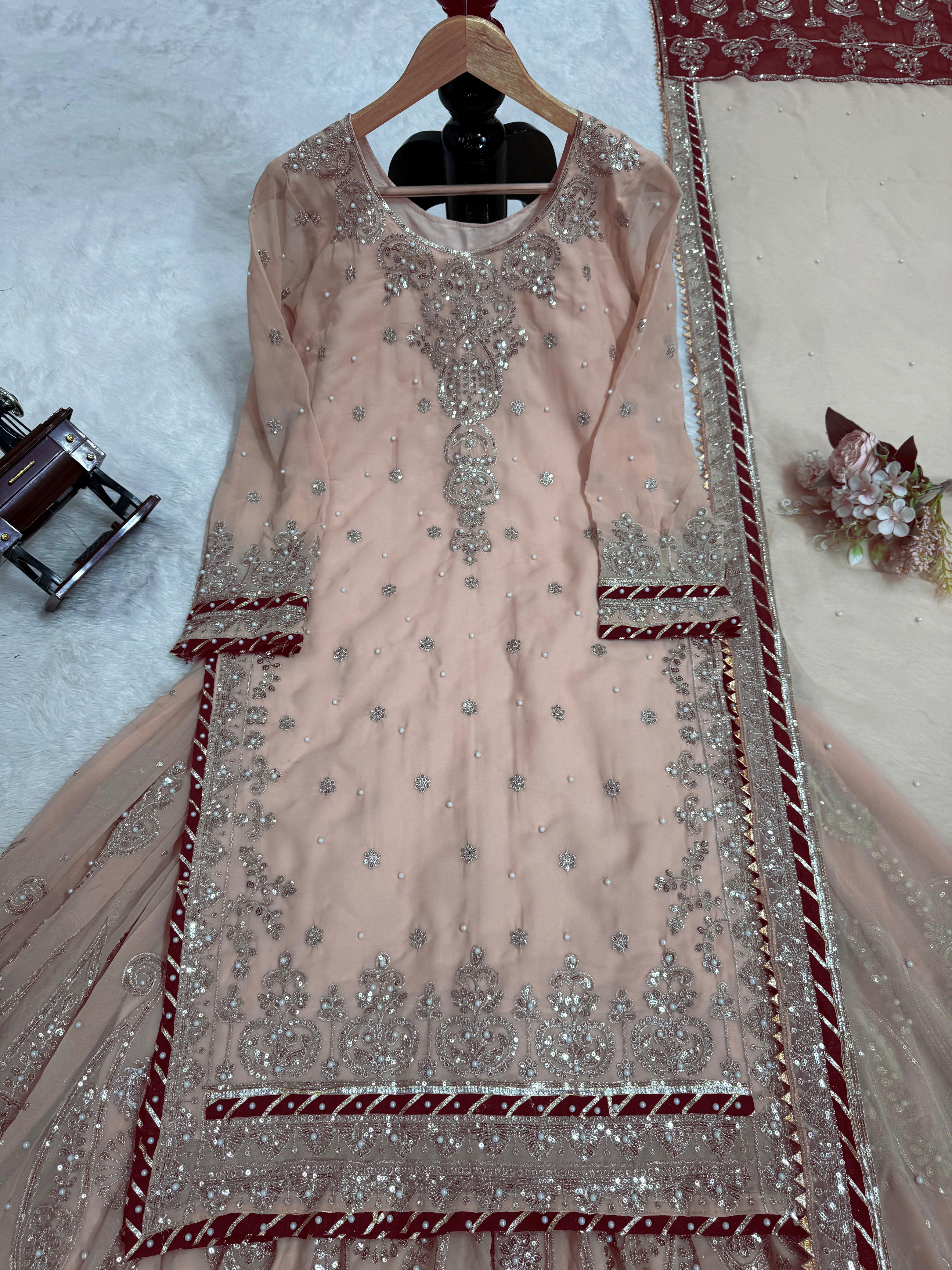 Wedding Wear Beige Color Faux Georgette Thread With Sequence And Rivet Moti Work Designer Sharara Suit
