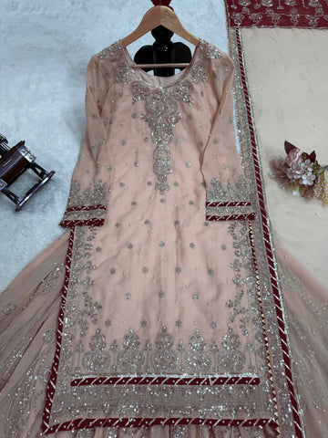 Wedding Wear Beige Color Faux Georgette Thread With Sequence And Rivet Moti Work Designer Sharara Suit