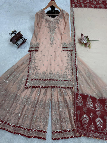 Wedding Wear Beige Color Faux Georgette Thread With Sequence And Rivet Moti Work Designer Sharara Suit