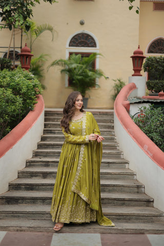 Wedding Wear Chinon With Rich Sequins Embroidered Work Parrot Green Color Kurti With Sharara