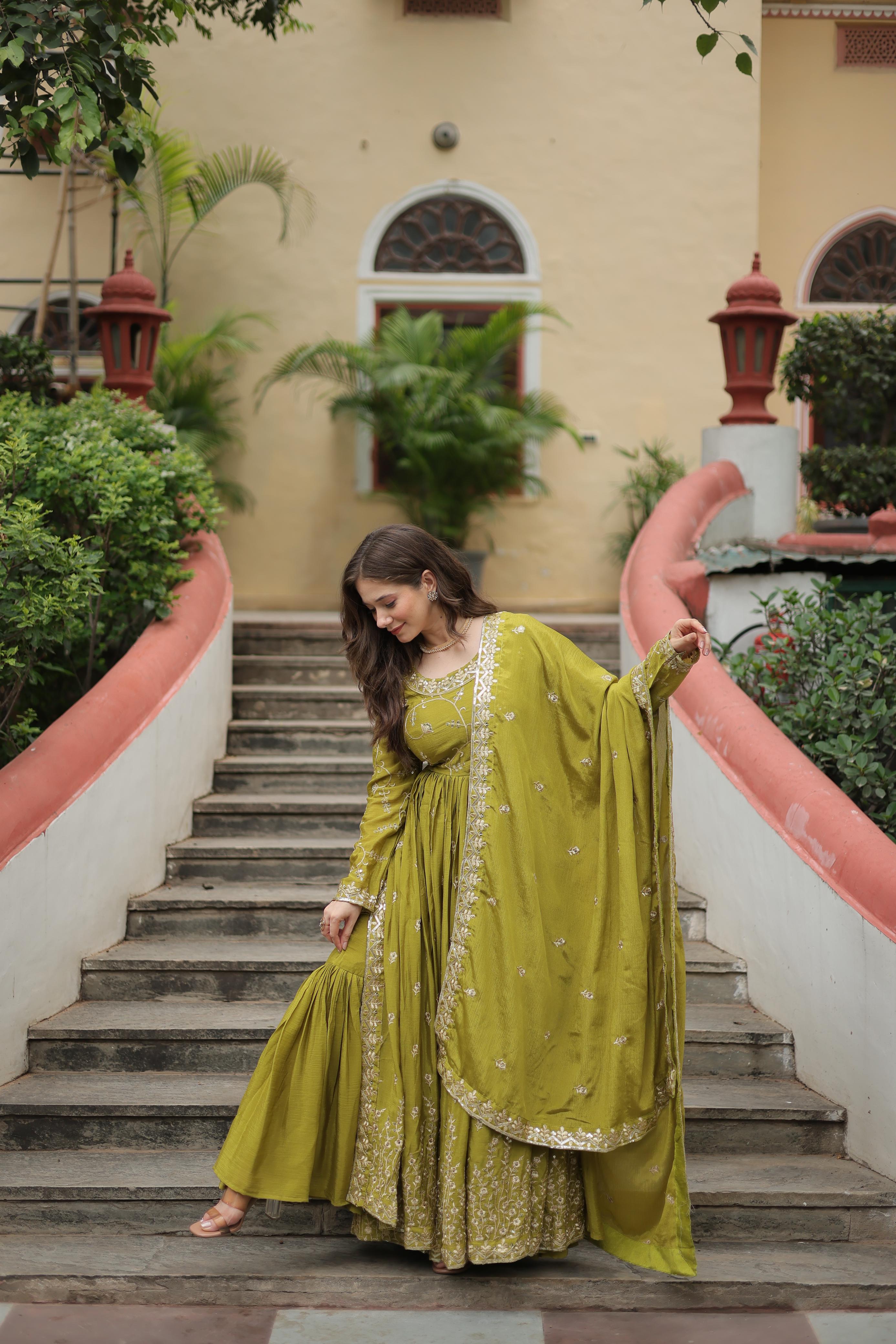 Wedding Wear Chinon With Rich Sequins Embroidered Work Parrot Green Color Kurti With Sharara