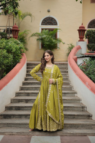 Wedding Wear Chinon With Rich Sequins Embroidered Work Parrot Green Color Kurti With Sharara