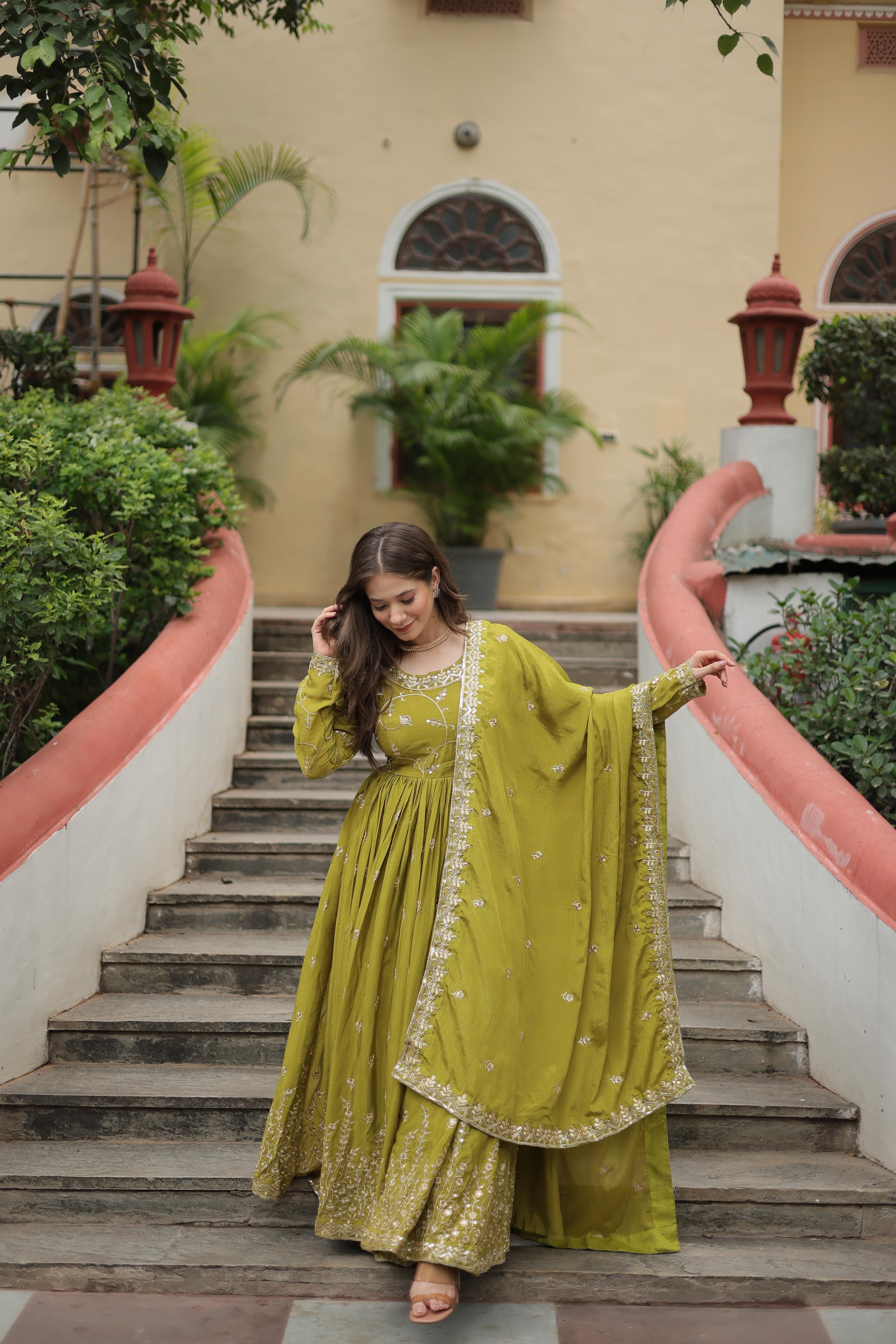Wedding Wear Chinon With Rich Sequins Embroidered Work Parrot Green Color Kurti With Sharara