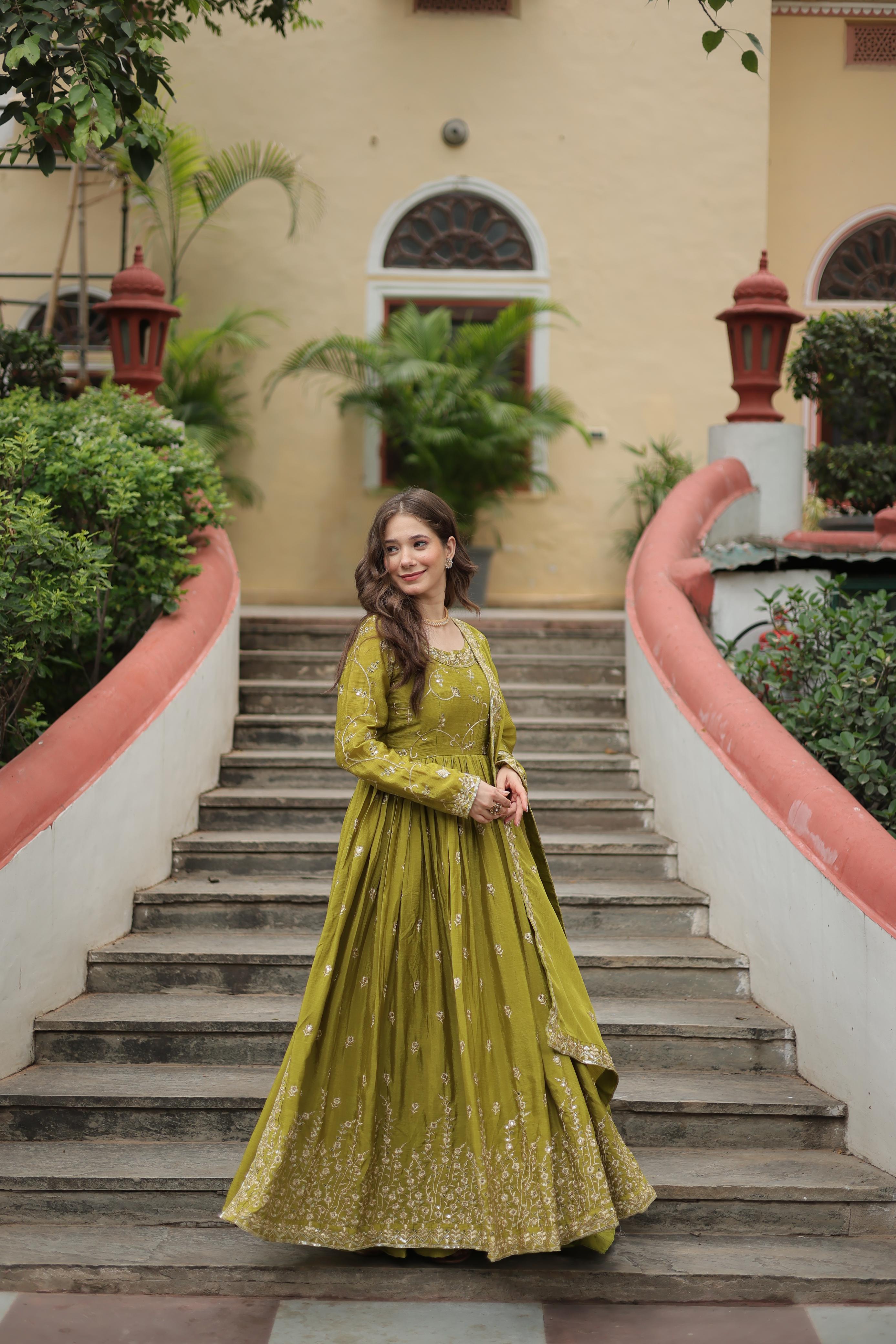 Wedding Wear Chinon With Rich Sequins Embroidered Work Parrot Green Color Kurti With Sharara