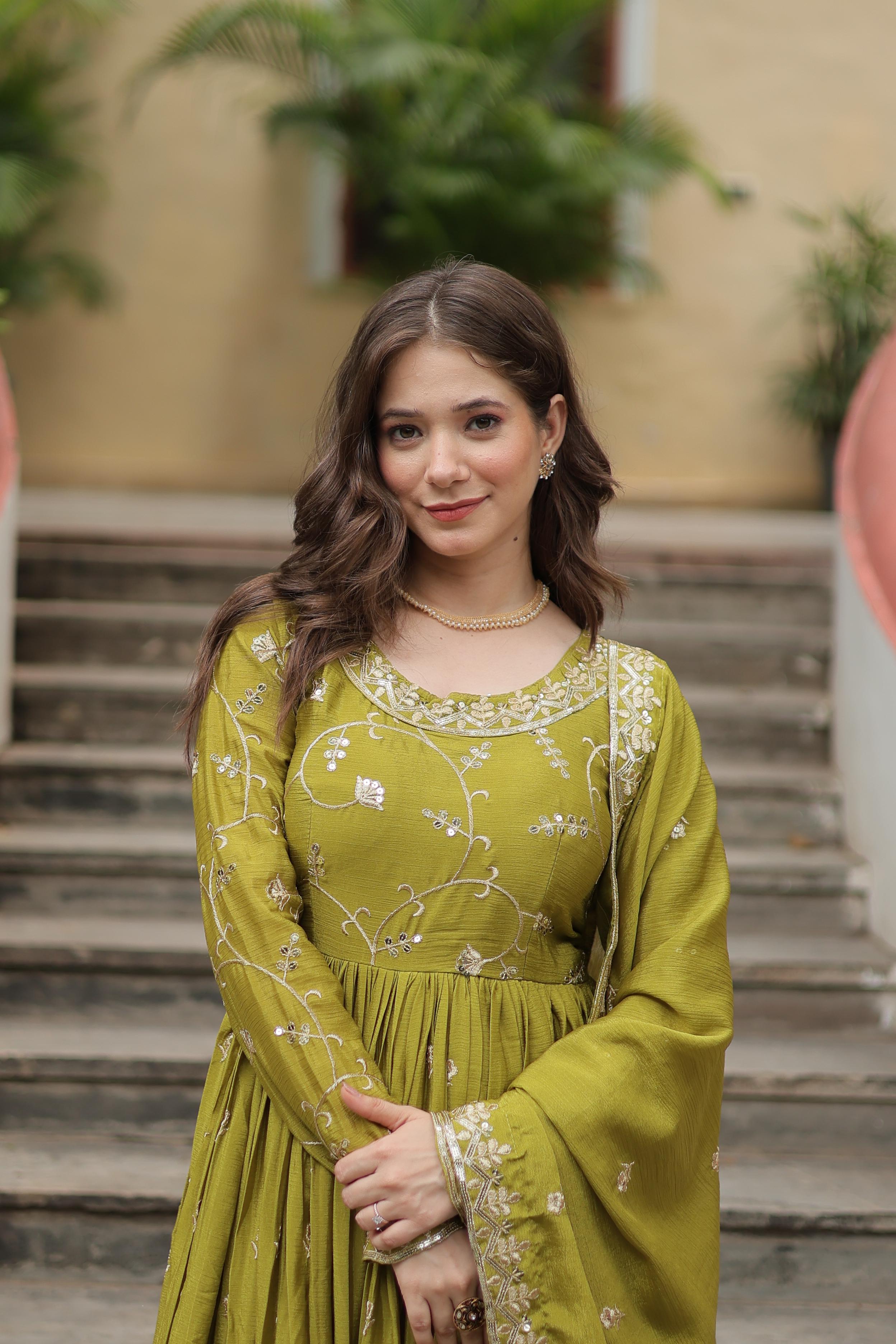 Wedding Wear Chinon With Rich Sequins Embroidered Work Parrot Green Color Kurti With Sharara
