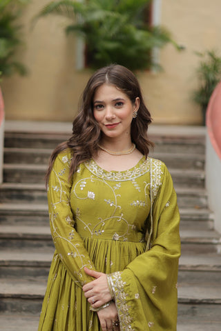 Wedding Wear Chinon With Rich Sequins Embroidered Work Parrot Green Color Kurti With Sharara
