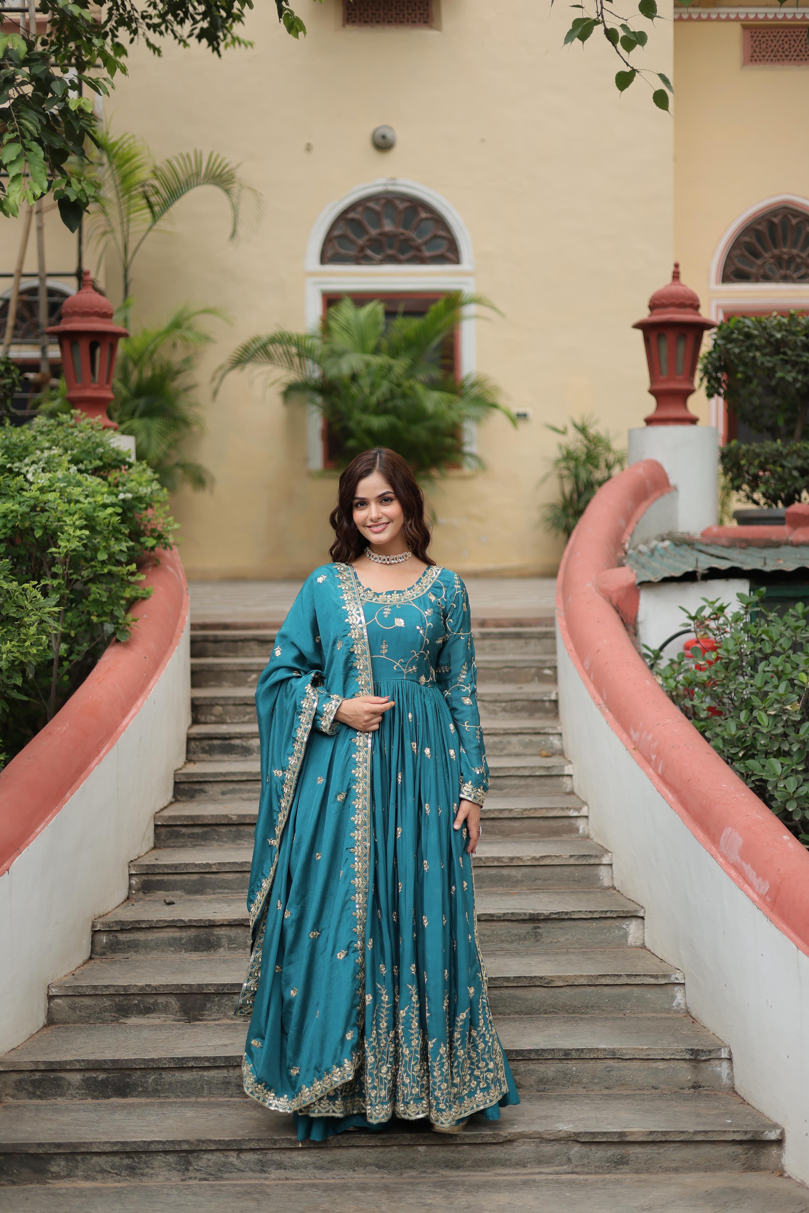 Wedding Wear Chinon With Rich Sequins Embroidered Work Rama Color Kurti With Sharara