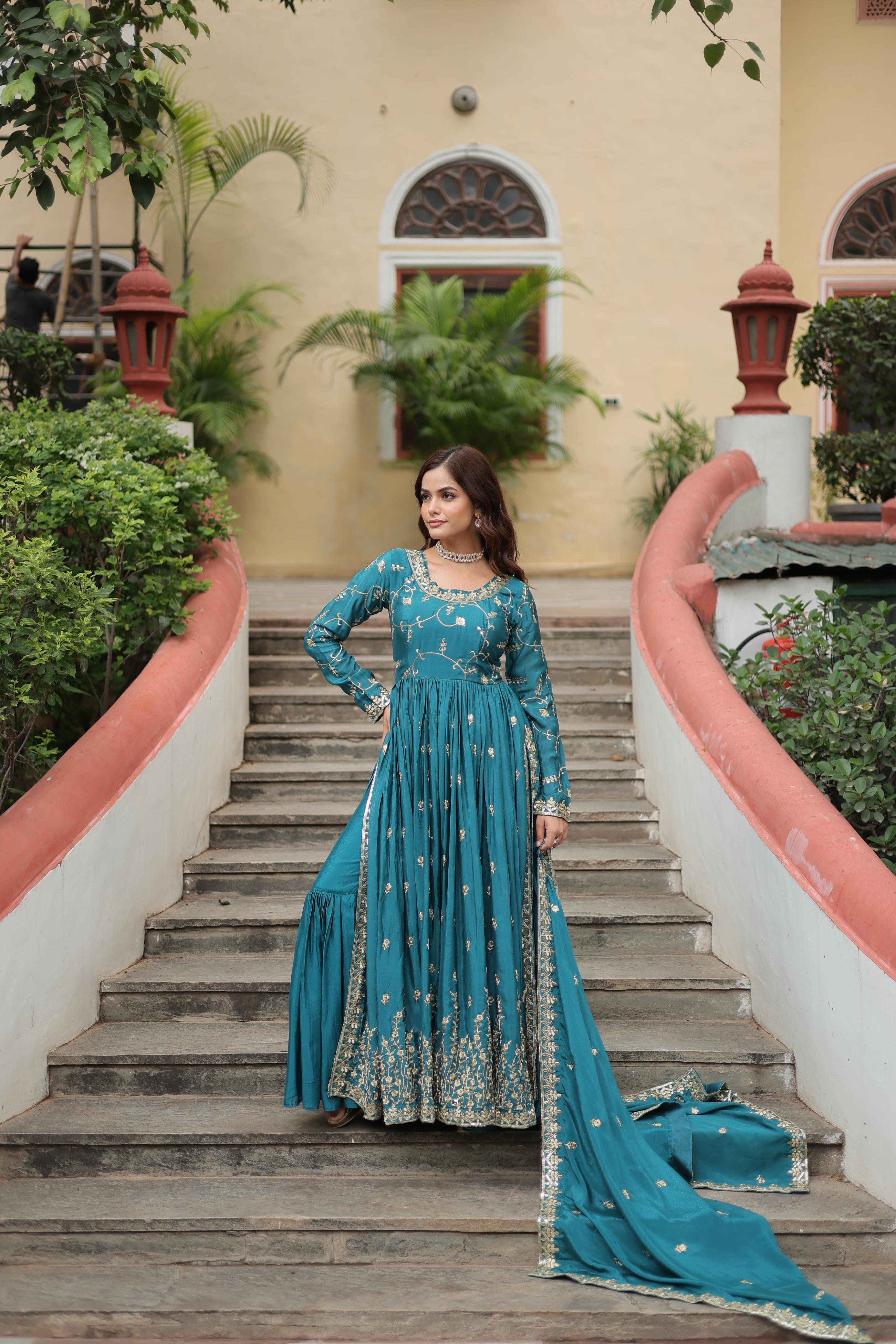 Wedding Wear Chinon With Rich Sequins Embroidered Work Rama Color Kurti With Sharara