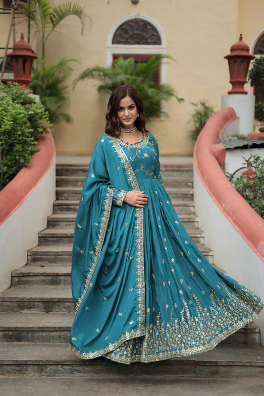 Wedding Wear Chinon With Rich Sequins Embroidered Work Rama Color Kurti With Sharara