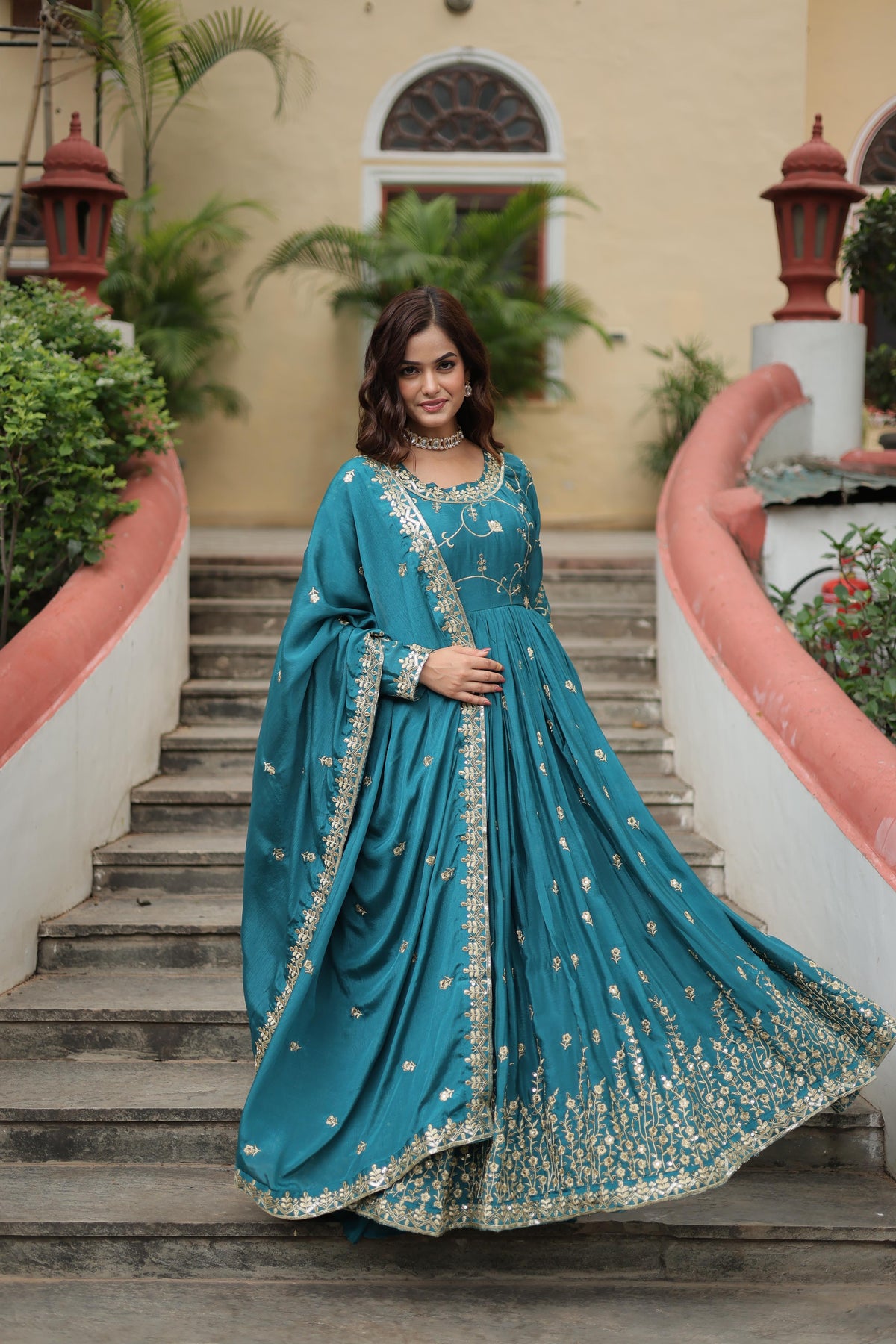 Wedding Wear Chinon With Rich Sequins Embroidered Work Rama Color Kurti With Sharara