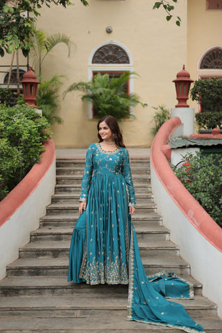 Wedding Wear Chinon With Rich Sequins Embroidered Work Rama Color Kurti With Sharara