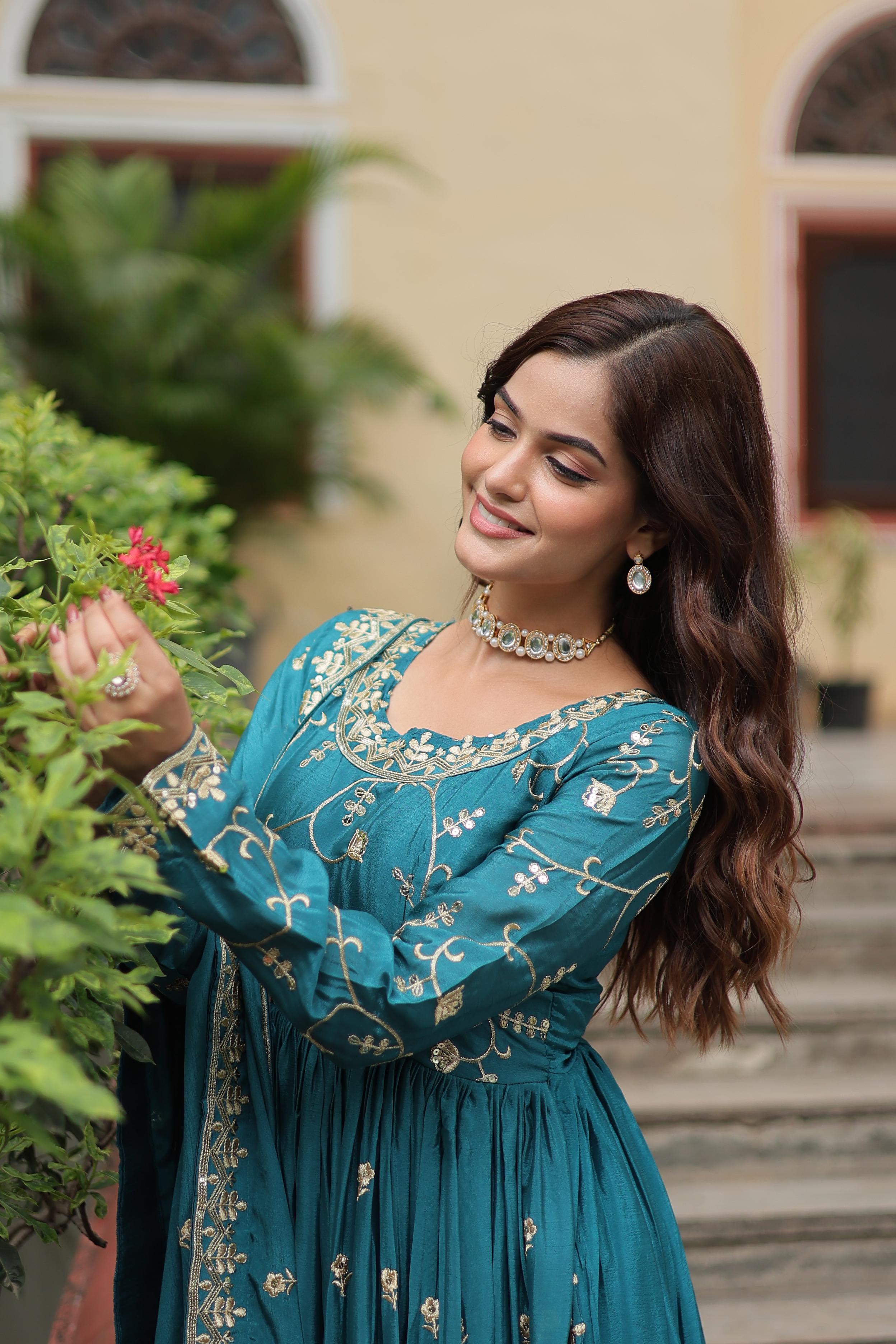 Wedding Wear Chinon With Rich Sequins Embroidered Work Rama Color Kurti With Sharara