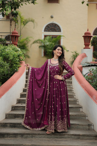 Wedding Wear Chinon With Rich Sequins Embroidered Work Wine Color Kurti With Sharara