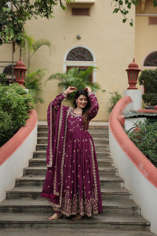 Wedding Wear Chinon With Rich Sequins Embroidered Work Wine Color Kurti With Sharara