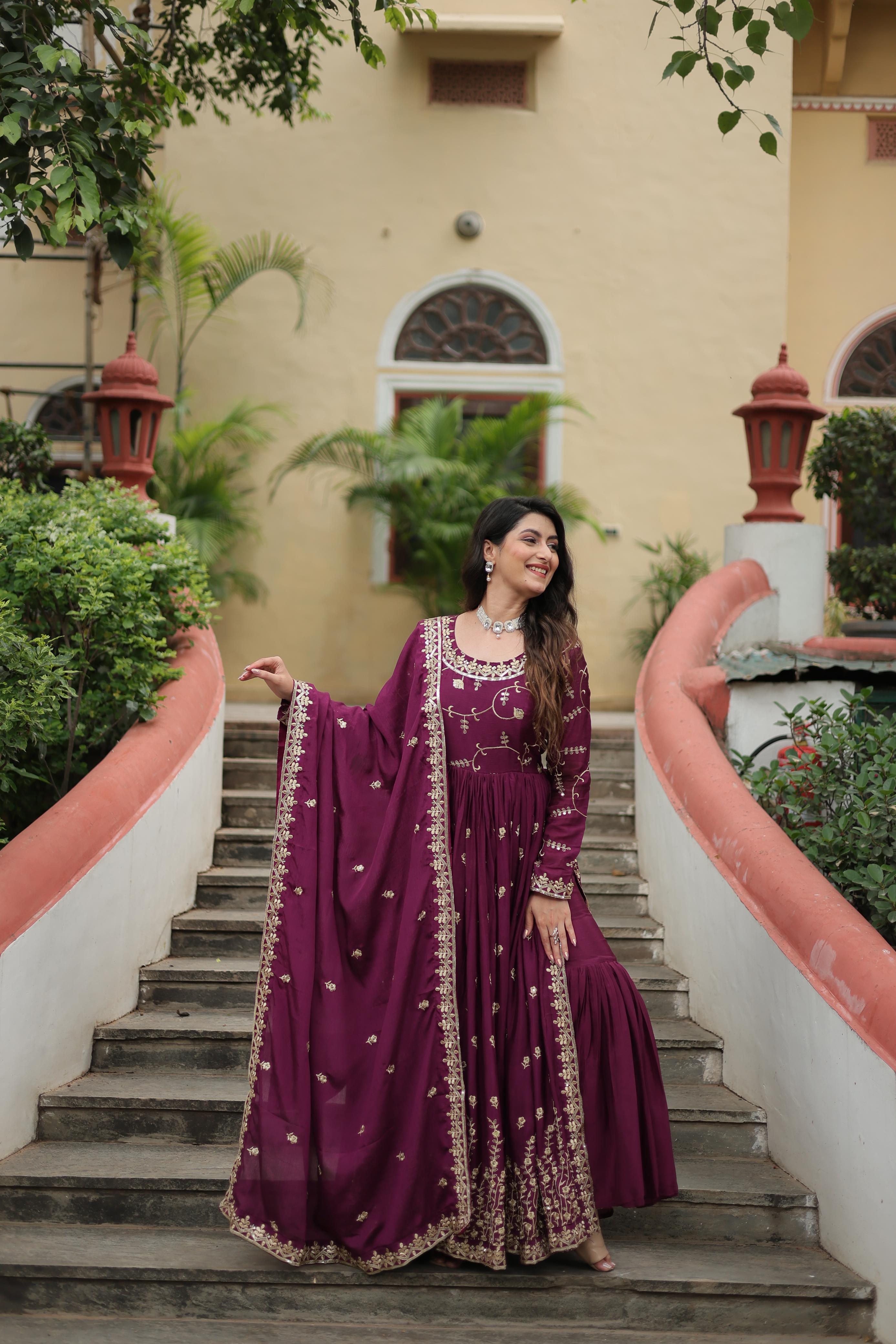 Wedding Wear Chinon With Rich Sequins Embroidered Work Wine Color Kurti With Sharara