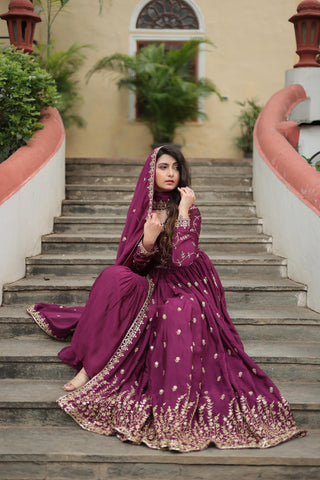Wedding Wear Chinon With Rich Sequins Embroidered Work Wine Color Kurti With Sharara