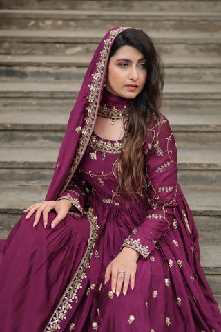 Wedding Wear Chinon With Rich Sequins Embroidered Work Wine Color Kurti With Sharara