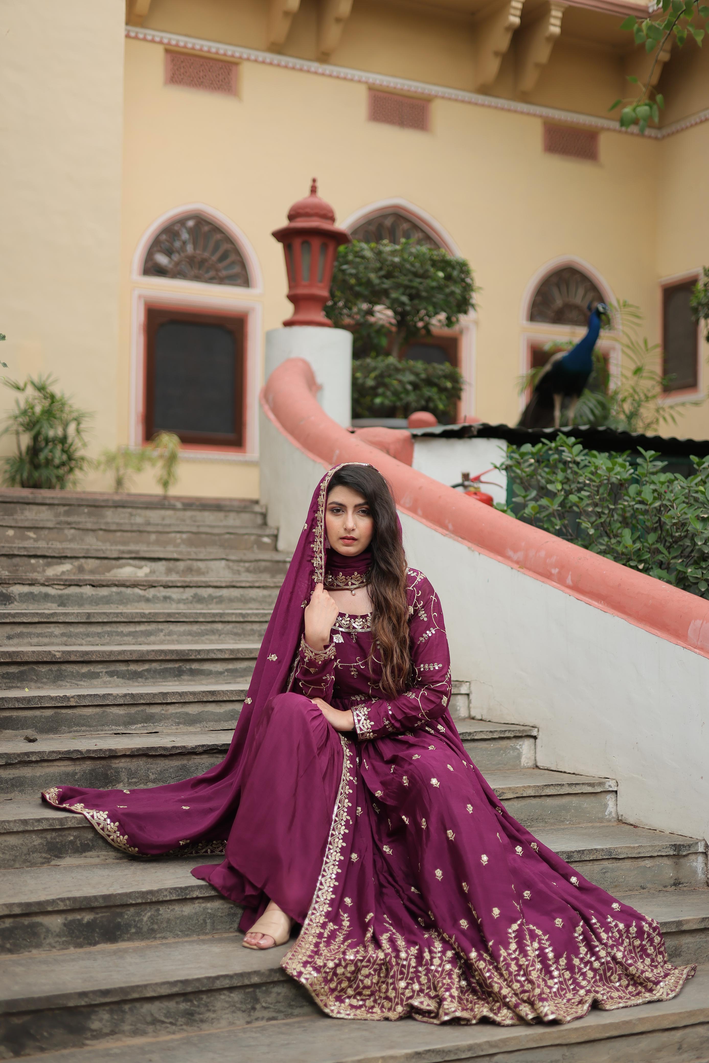 Wedding Wear Chinon With Rich Sequins Embroidered Work Wine Color Kurti With Sharara