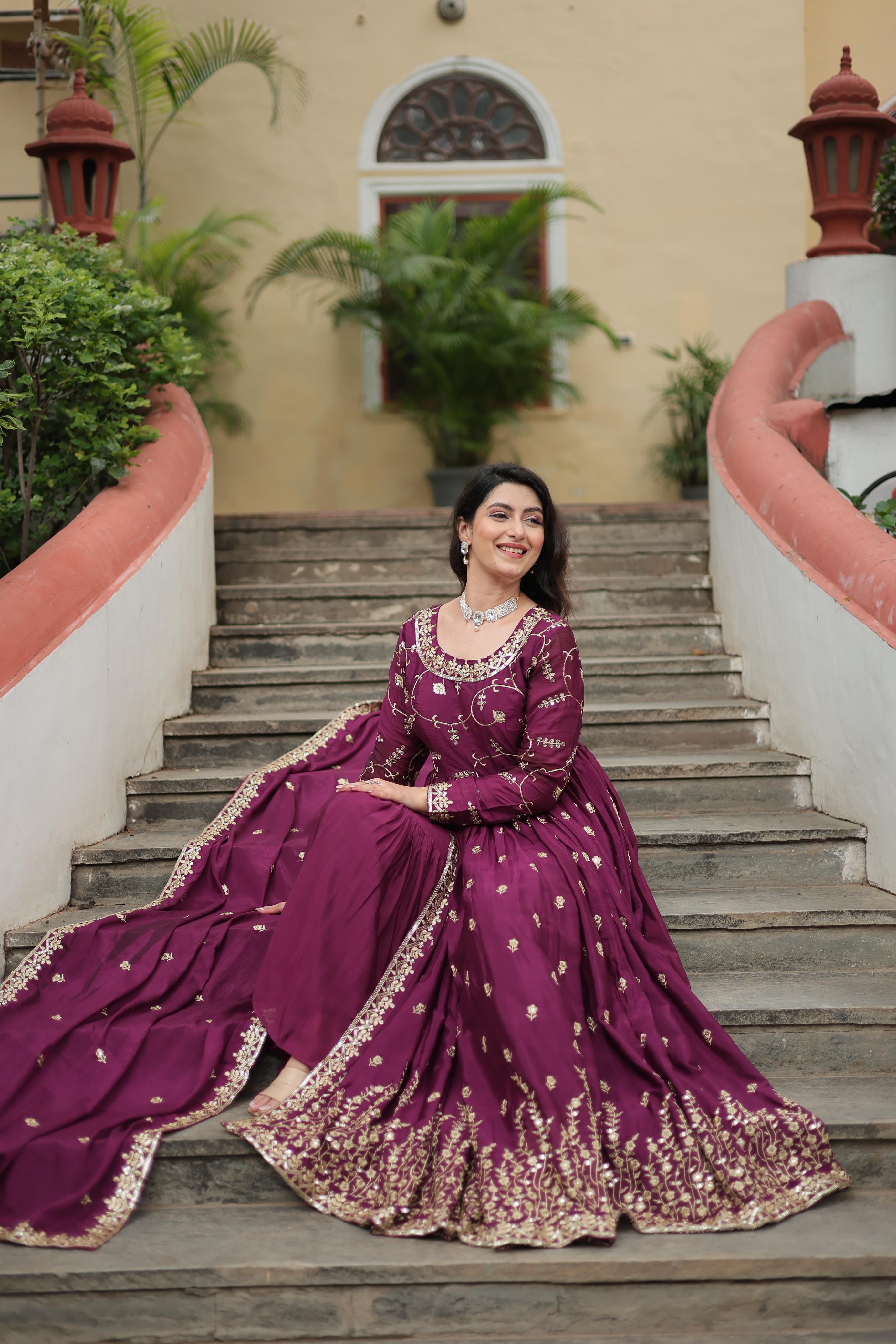 Wedding Wear Chinon With Rich Sequins Embroidered Work Wine Color Kurti With Sharara