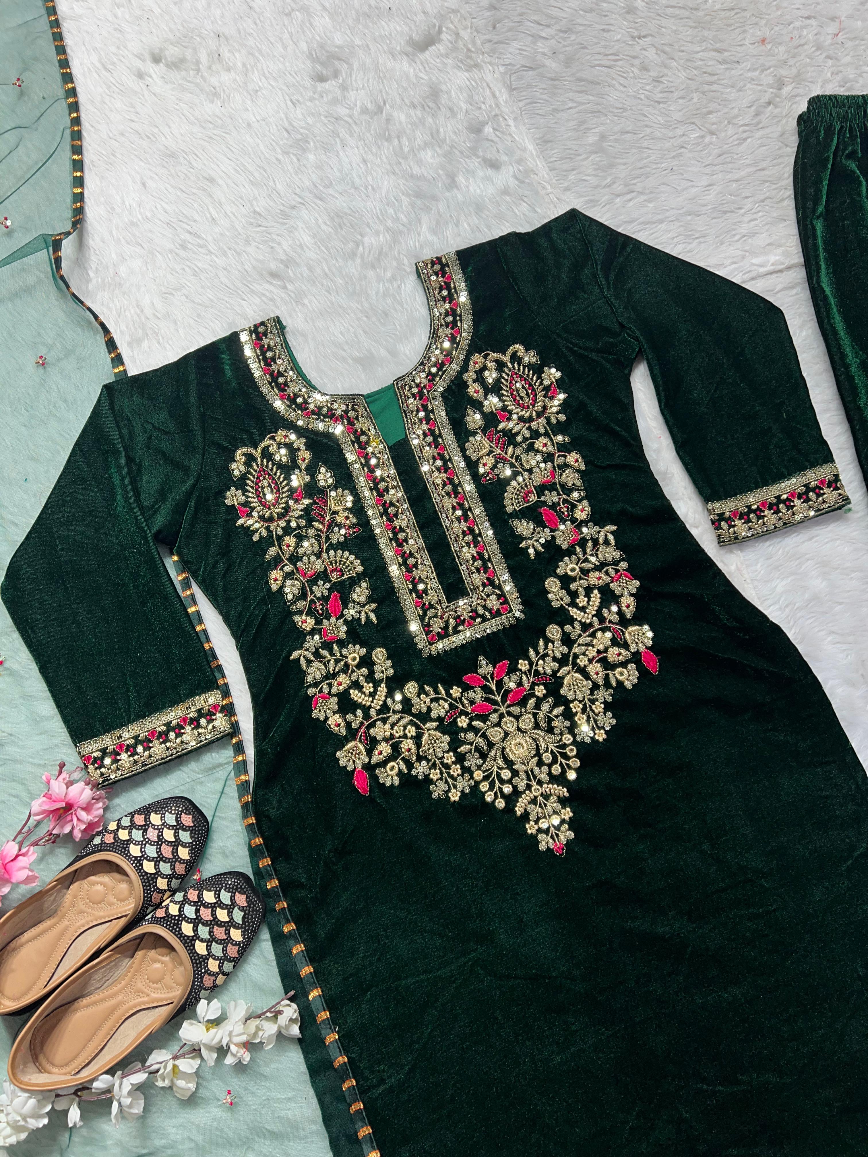 Alluring Green Color Heavy Viscous Velvet With Heavy Embroidery Sequence Work Beautiful Velvet Salwar Suit