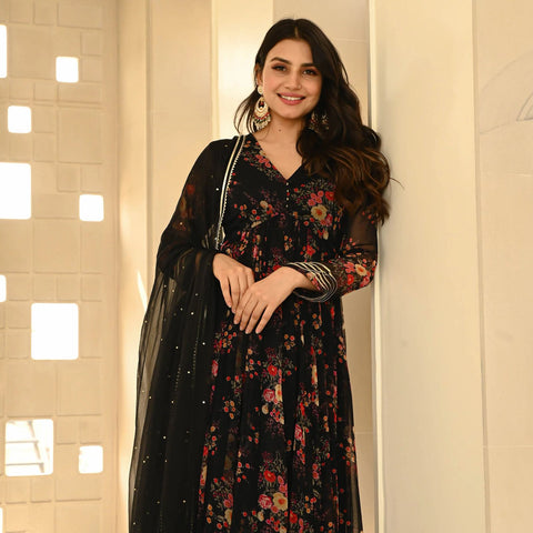 Fashionable Black Color Pure Georgette Printed Designer Anarkali Suit