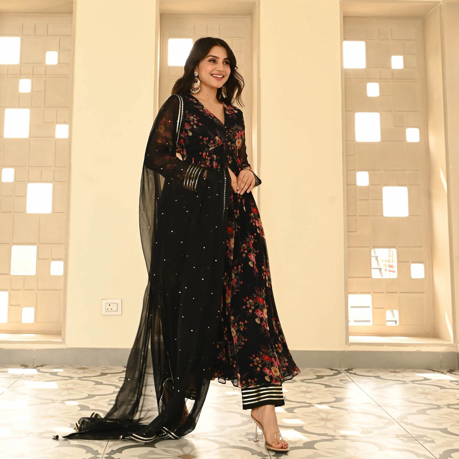 Fashionable Black Color Pure Georgette Printed Designer Anarkali Suit