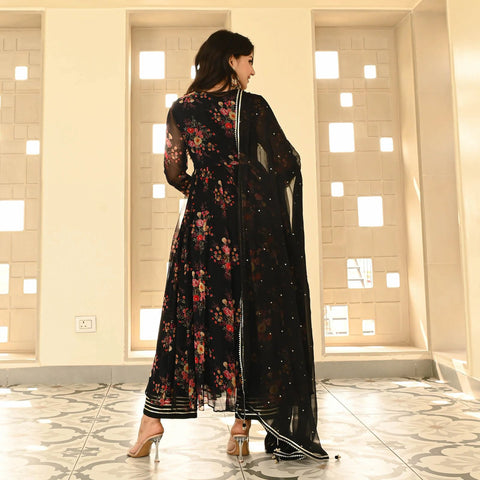 Fashionable Black Color Pure Georgette Printed Designer Anarkali Suit