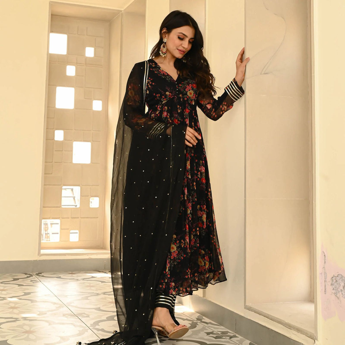 Fashionable Black Color Pure Georgette Printed Designer Anarkali Suit