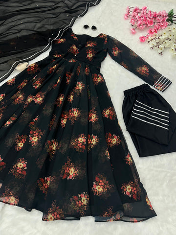 Fashionable Black Color Pure Georgette Printed Designer Anarkali Suit