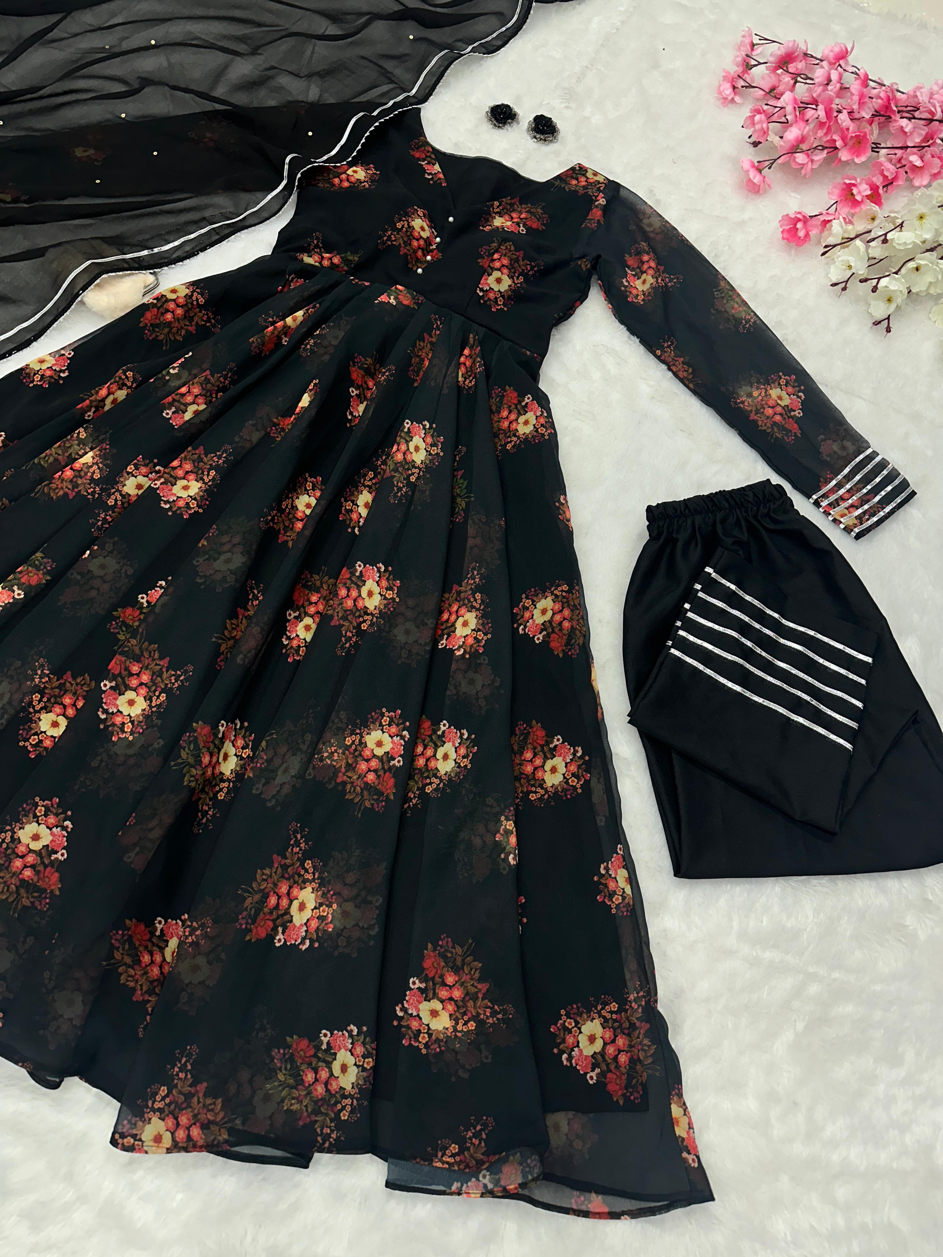 Fashionable Black Color Pure Georgette Printed Designer Anarkali Suit