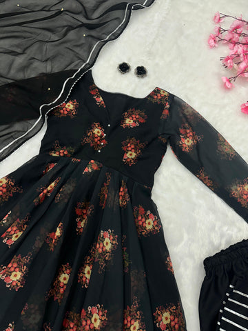Fashionable Black Color Pure Georgette Printed Designer Anarkali Suit