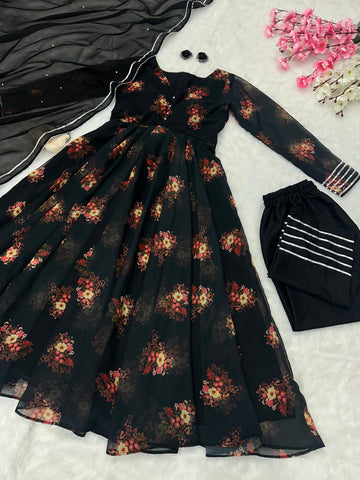 Fashionable Black Color Pure Georgette Printed Designer Anarkali Suit