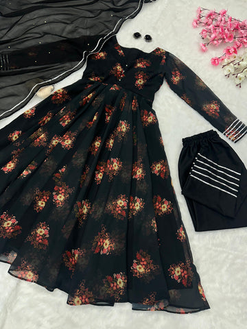 Fashionable Black Color Pure Georgette Printed Designer Anarkali Suit