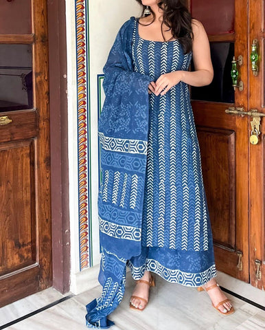 Fancy Wear Blue Color Pure Soft Cotton Printed Kurti With Palazzo