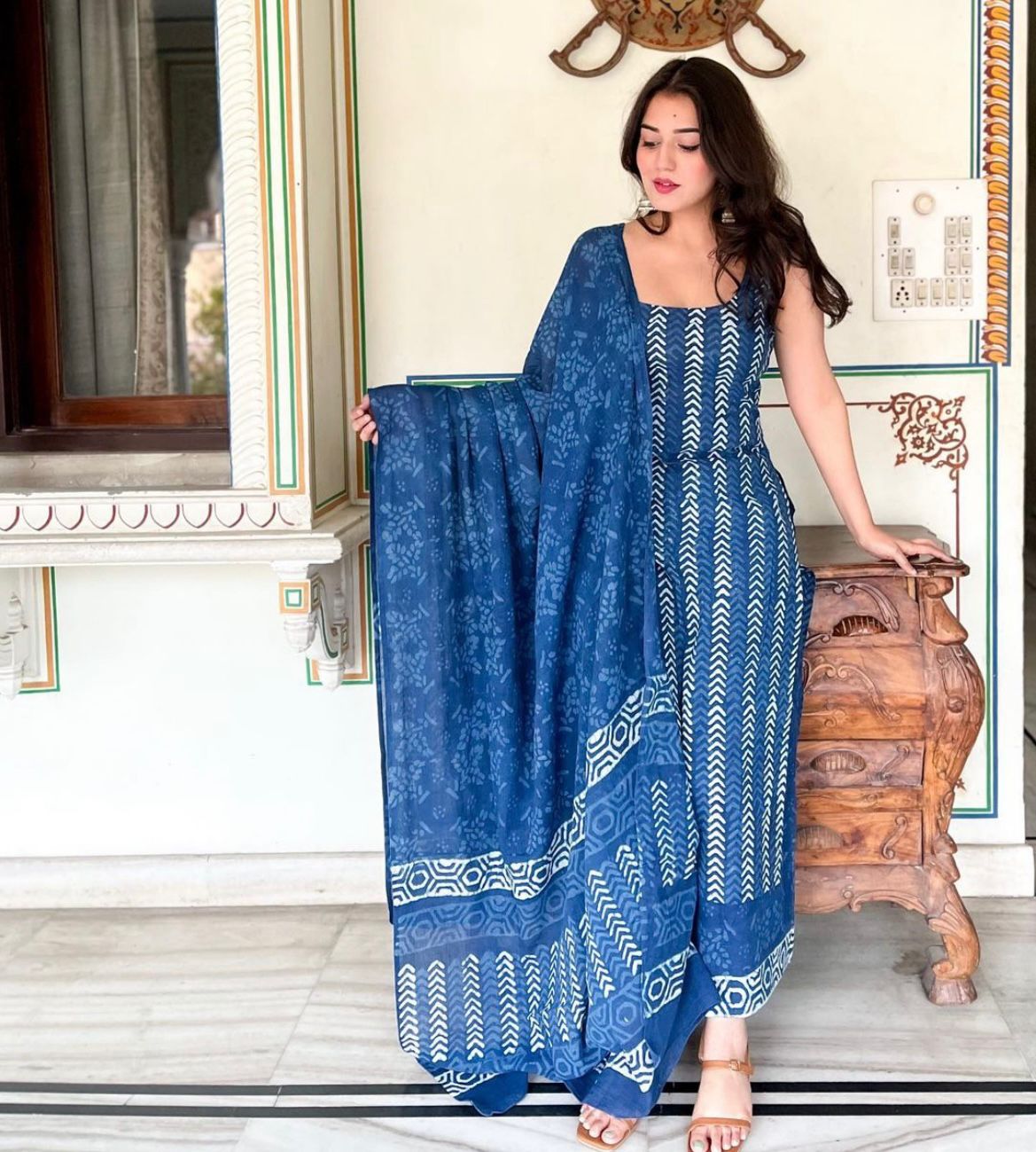 Fancy Wear Blue Color Pure Soft Cotton Printed Kurti With Palazzo