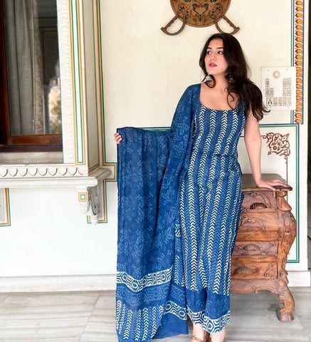 Fancy Wear Blue Color Pure Soft Cotton Printed Kurti With Palazzo