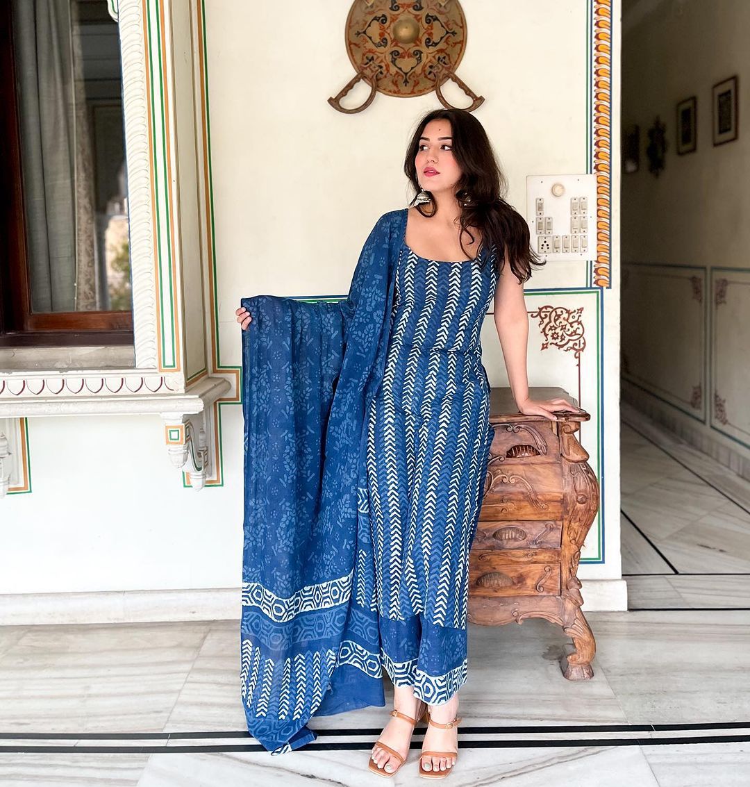 Fancy Wear Blue Color Pure Soft Cotton Printed Kurti With Palazzo