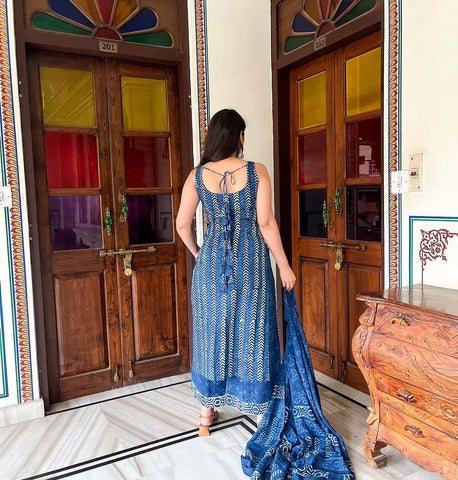 Fancy Wear Blue Color Pure Soft Cotton Printed Kurti With Palazzo
