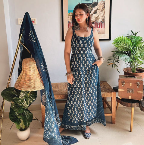 Good Looking Blue Color Pure Soft Cotton Printed Kurti With Palazzo