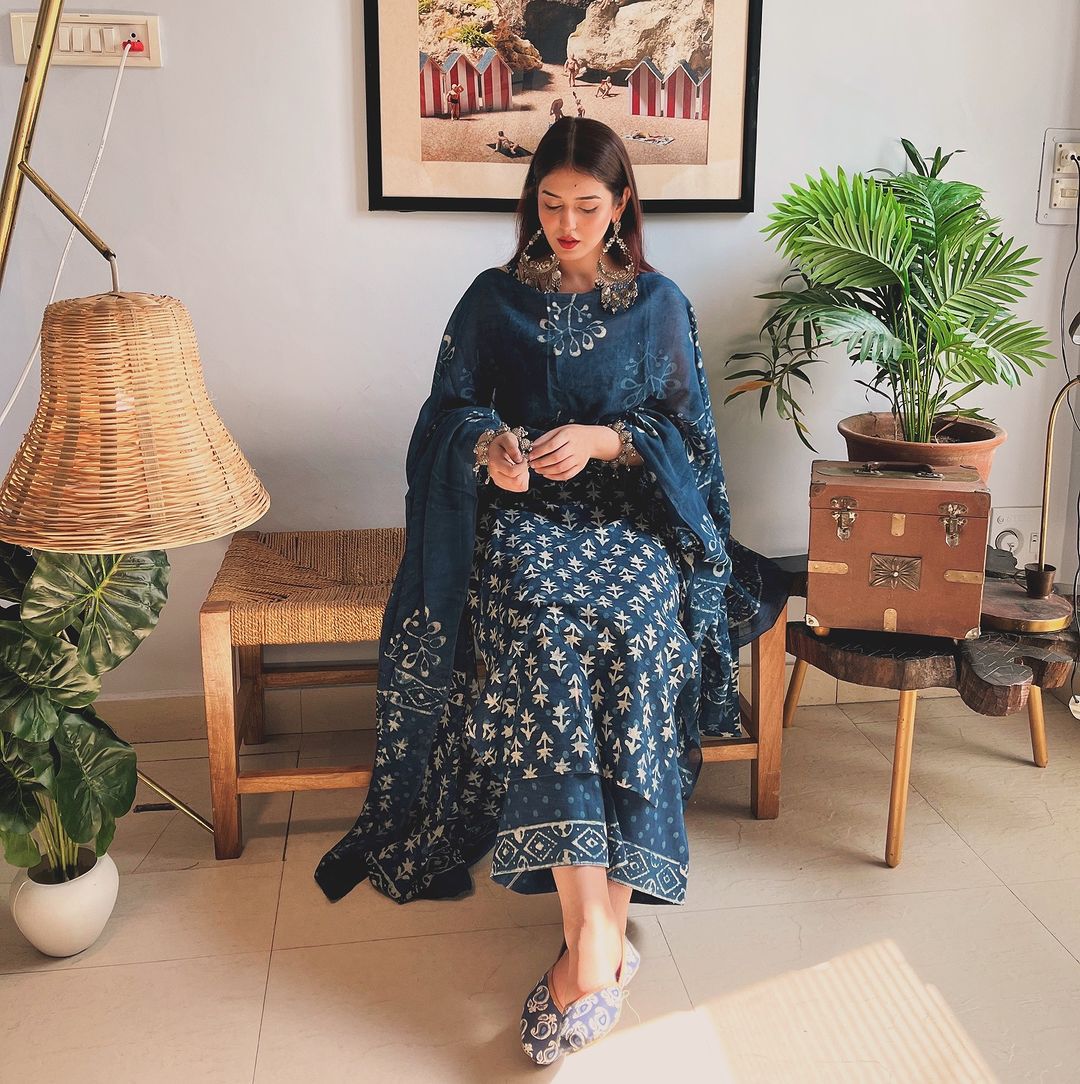 Good Looking Blue Color Pure Soft Cotton Printed Kurti With Palazzo