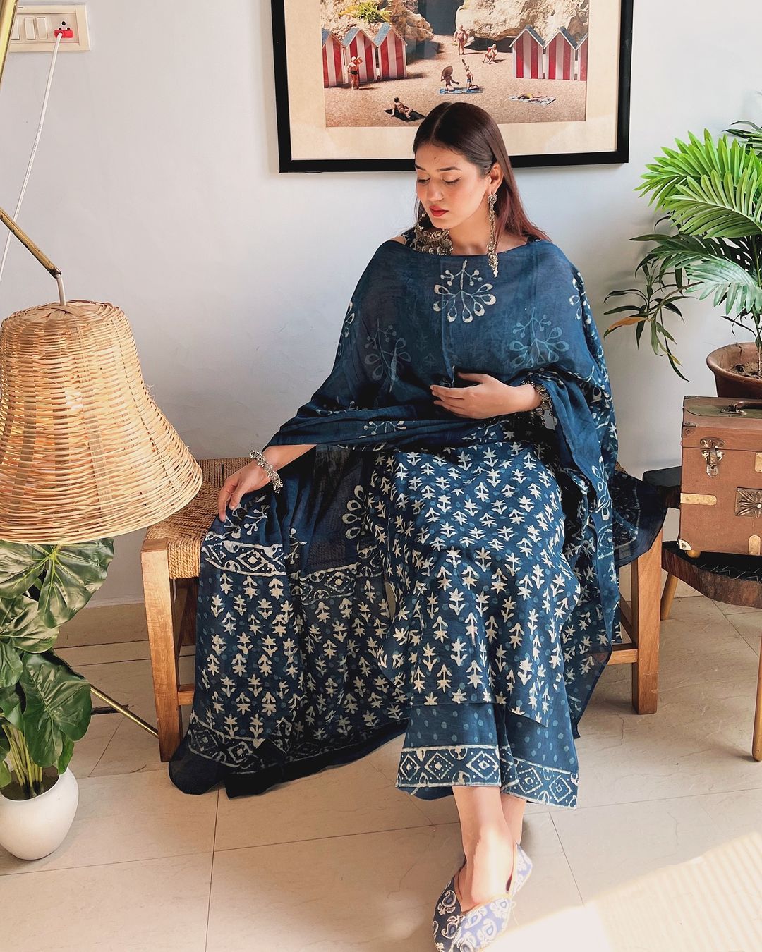 Good Looking Blue Color Pure Soft Cotton Printed Kurti With Palazzo