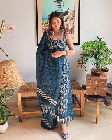 Good Looking Blue Color Pure Soft Cotton Printed Kurti With Palazzo