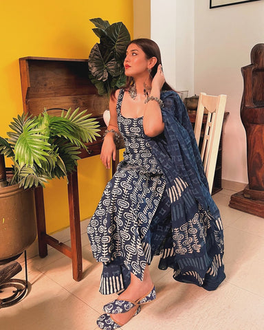 Good Looking Blue Color Pure Soft Cotton Printed Kurti With Palazzo