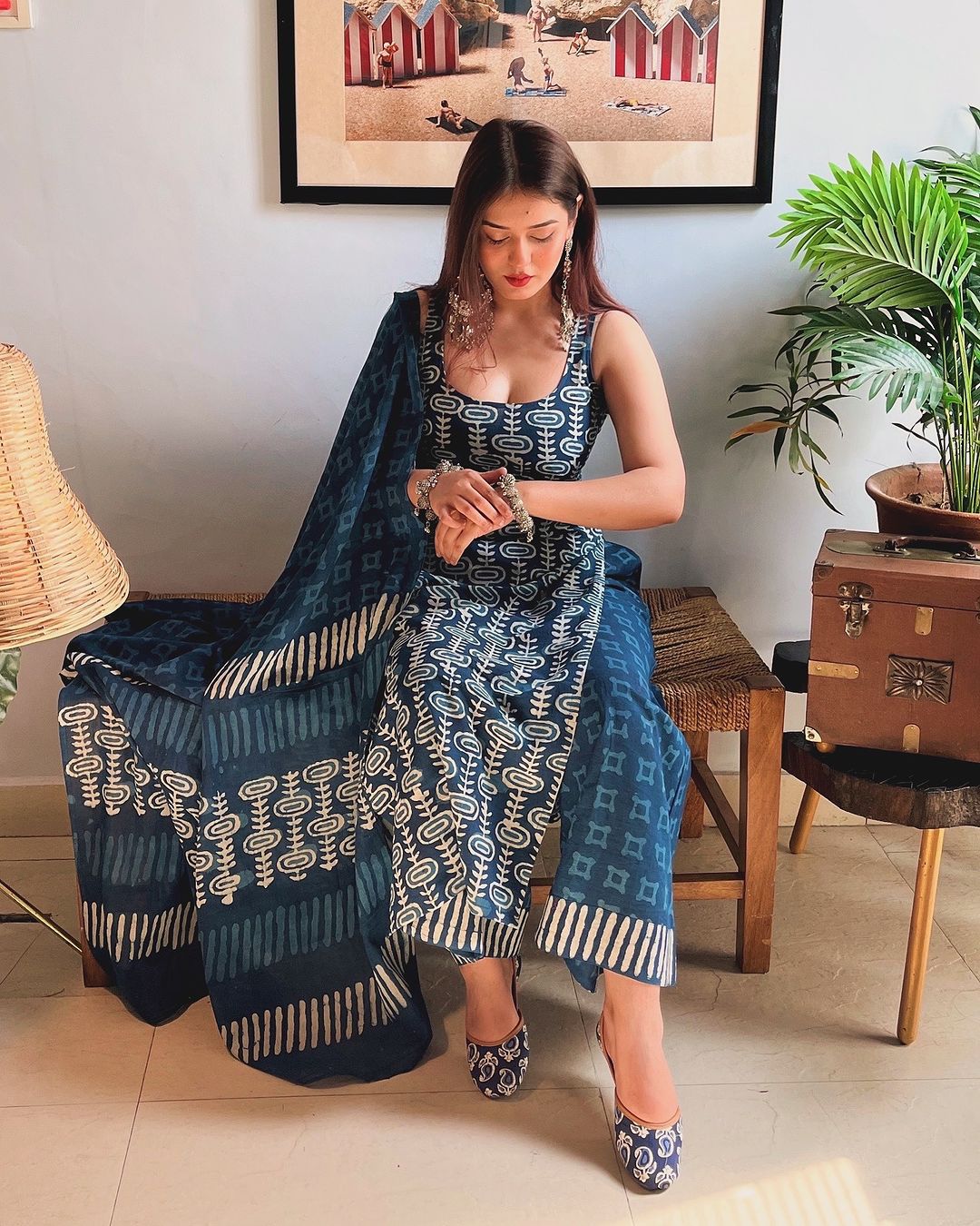 Good Looking Blue Color Pure Soft Cotton Printed Kurti With Palazzo